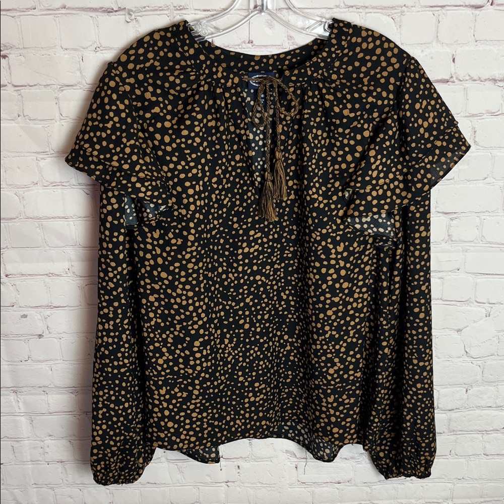 Scoop Black and Tan Polka Dot Long-Sleeve Blouse